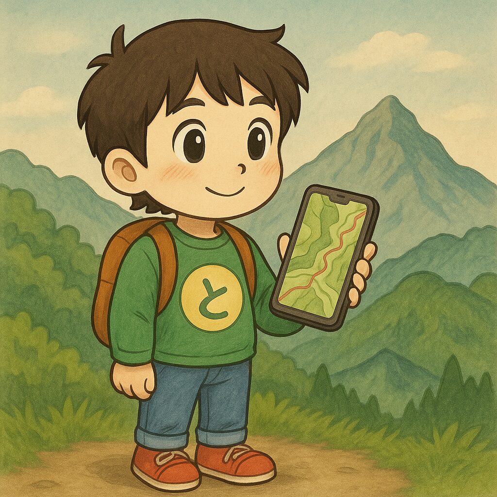 登山アプリを使ってルートを確認する、とるくキャラと山の稜線イメージのアイキャッチ画像