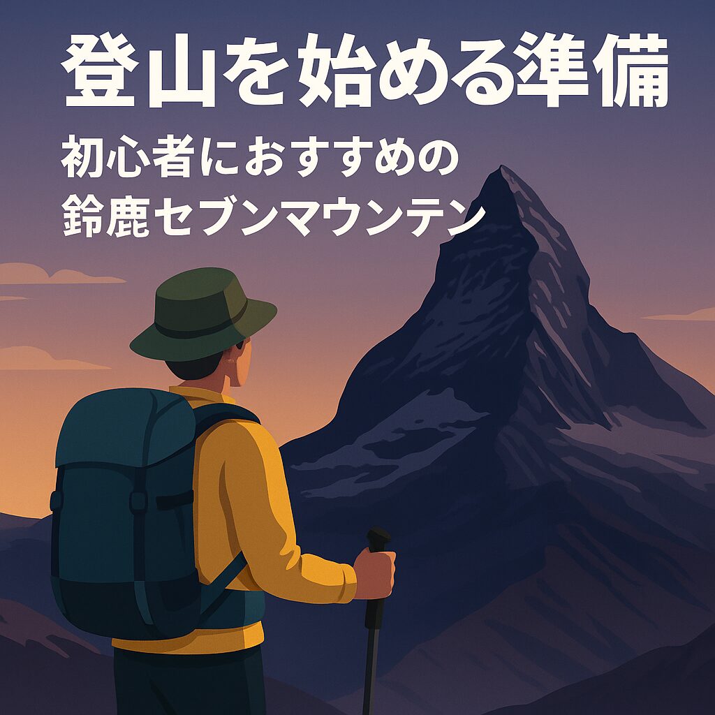 鈴鹿セブンマウンテンの山々を背景に登山準備をする初心者のイメージイラスト