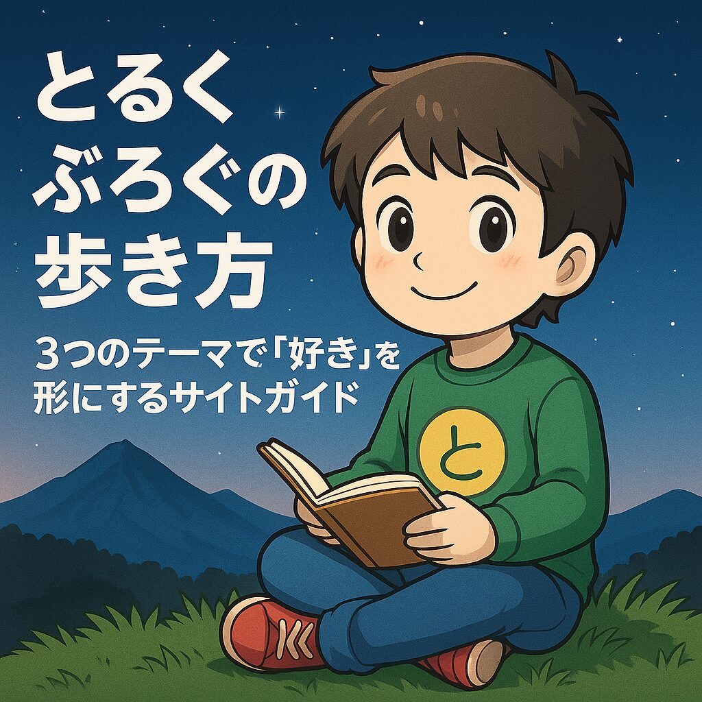 とるくがノートを手に穏やかに笑うイラスト。背景には山と星空が描かれ、「とるくぶろぐの歩き方」というタイトル文字。