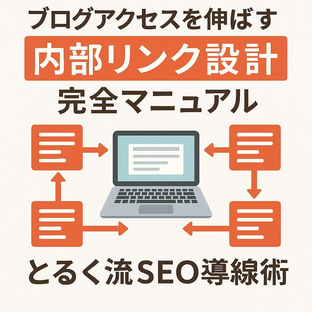 ノートパソコンの画面を中心に、矢印でつながる複数の記事アイコンが配置されたデジタルイラスト。「ブログアクセスを伸ばす 内部リンク設計 完全マニュアル とるく流SEO導線術」と書かれたデザイン。