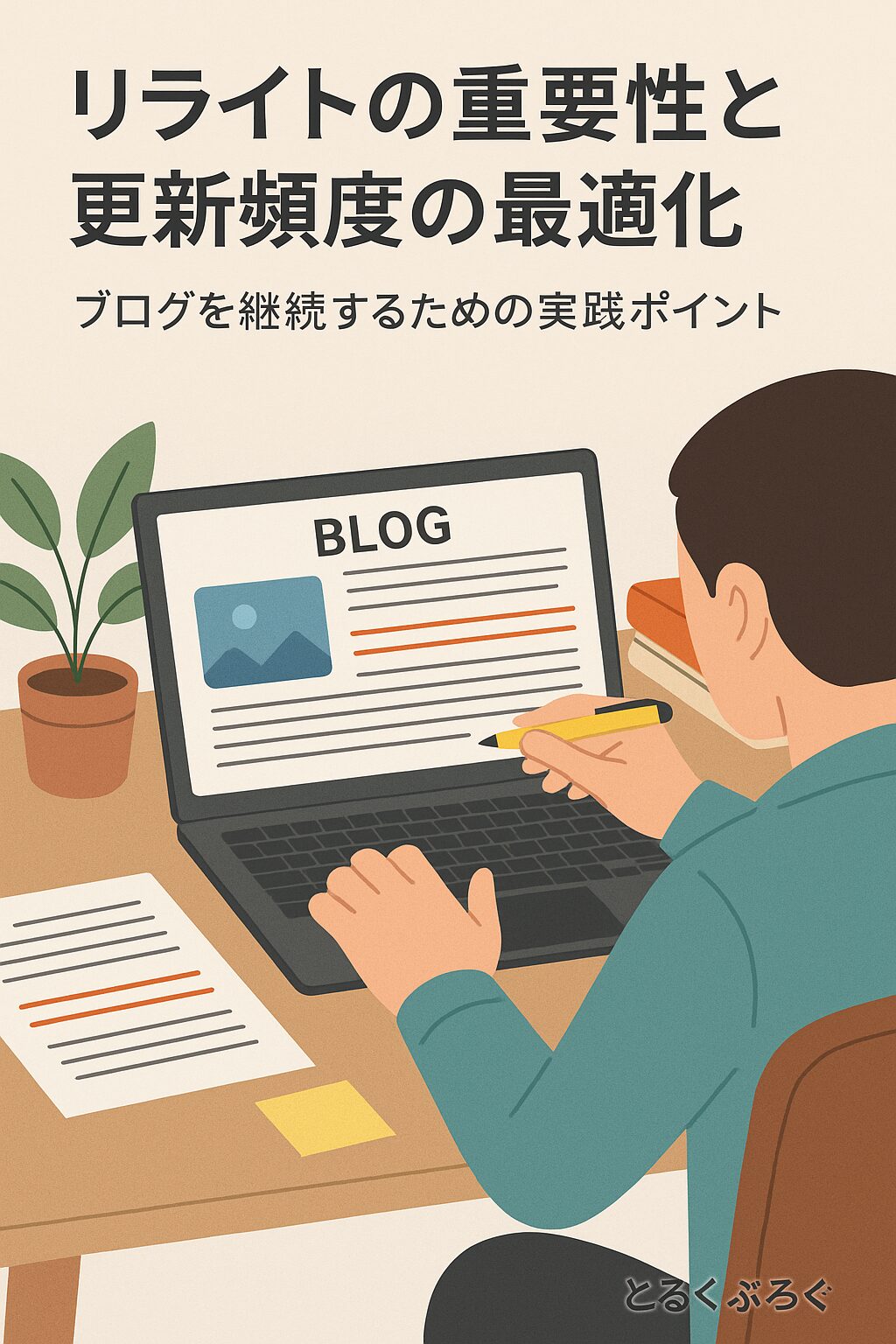 パソコンでブログ記事をリライトしている様子のイラスト（とるくぶろぐ）