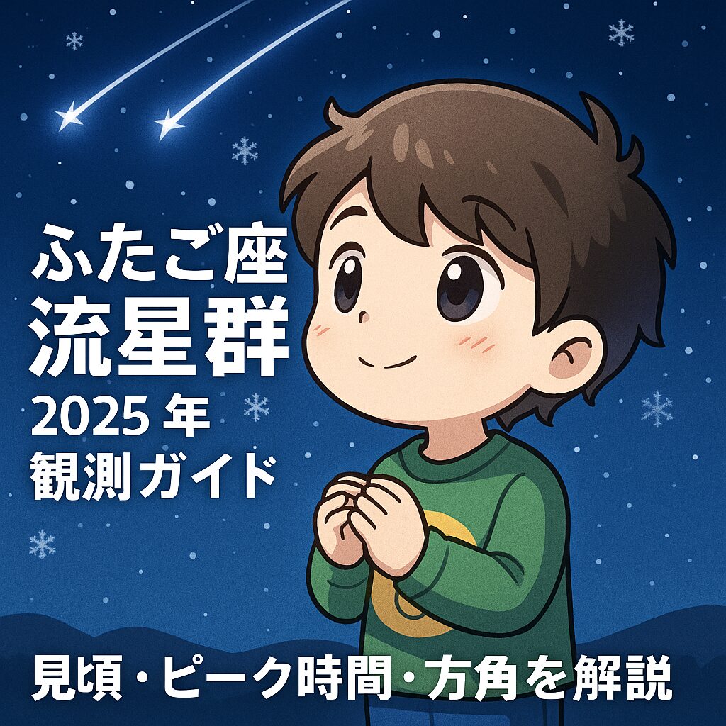 「冬の夜空を見上げるとるくのイラスト。ふたご座流星群の流れ星が輝く静かな夜。」