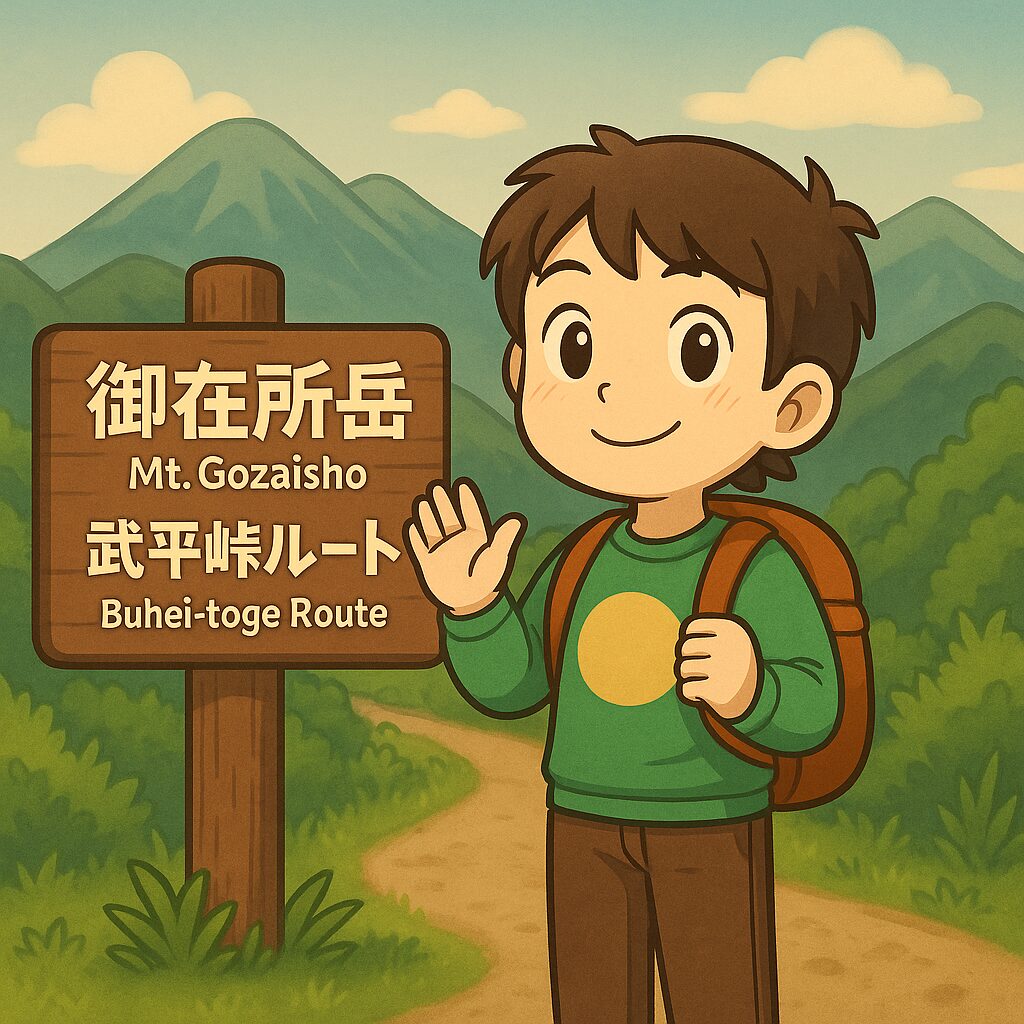 御在所岳・武平峠ルートの登山看板の前に立つとるくキャラのイラスト。初心者向け日帰りコースをイメージしたアイキャッチ。