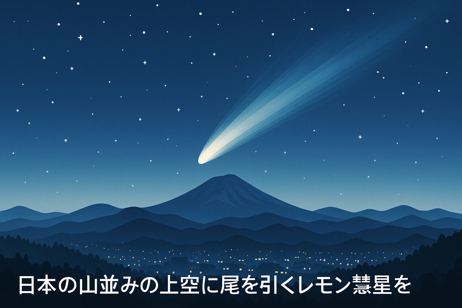 日本の山並みの上空に尾を引くレモン彗星を観測するイメージイラスト