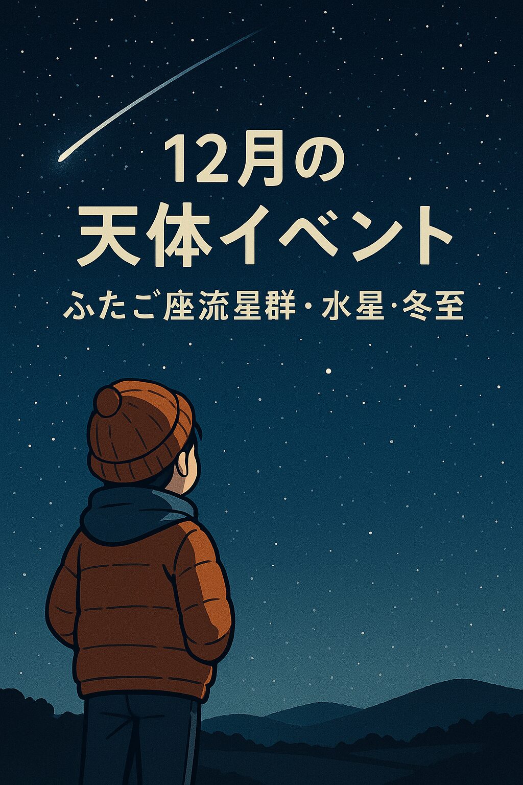 12月の夜空に流れるふたご座流星群と、とるくキャラが星空を見上げているイメージイラスト