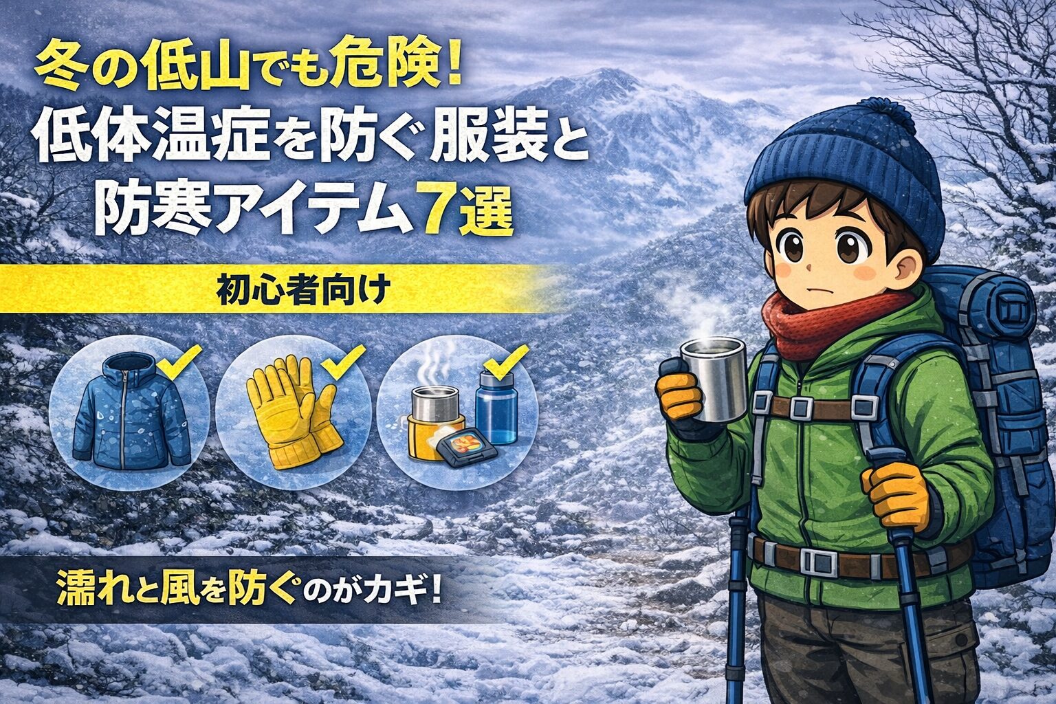 冬の山道で防寒を意識して登山をするイメージ