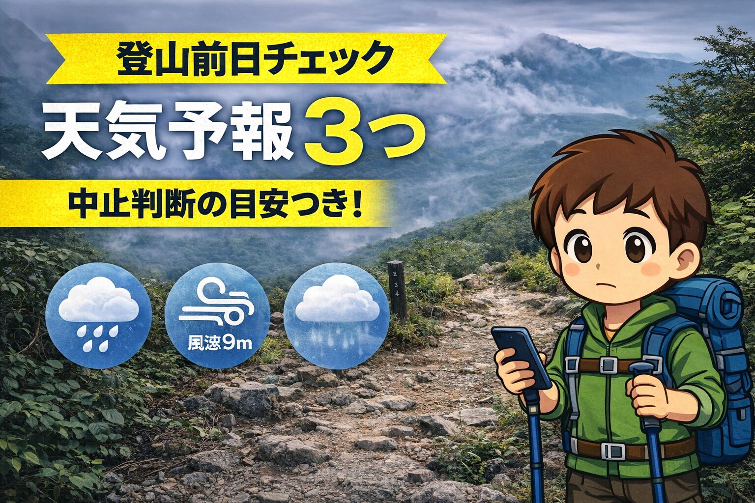 登山前日に天気予報を確認して安全を考えるイメージの山道