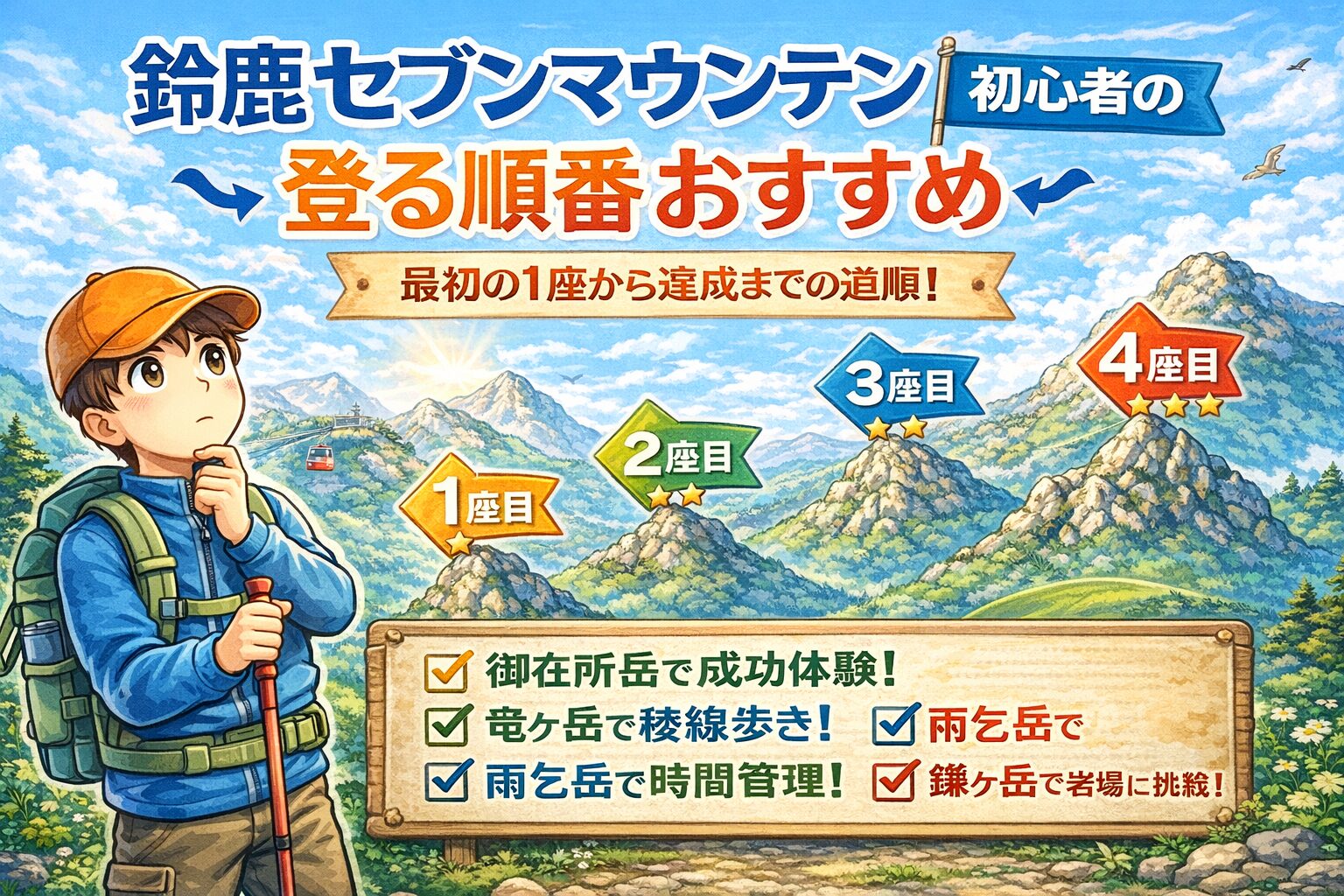 鈴鹿セブンマウンテンを初心者向けに登る順番でまとめたイメージ