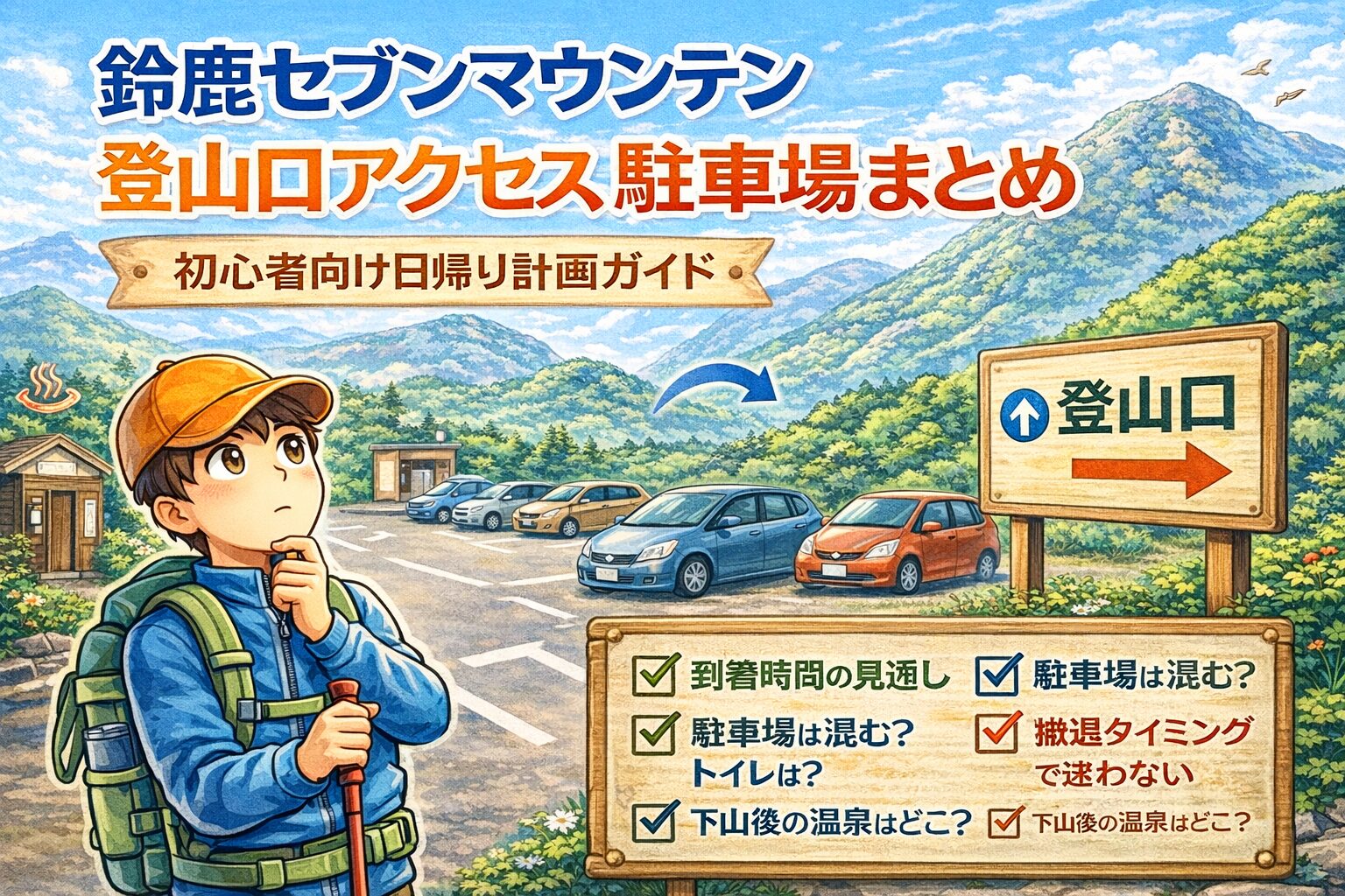 鈴鹿セブンマウンテンの登山口アクセスと駐車場を初心者向けにまとめた案内イメージ