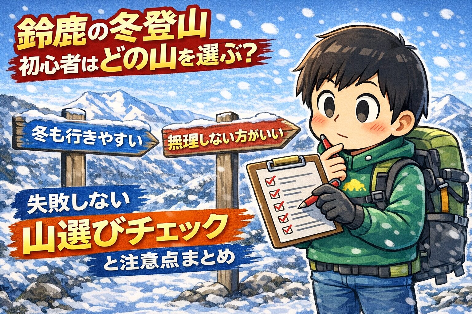 鈴鹿の冬山を背景に、とるくキャラ（緑トレーナー＋黄色ロゴ＋青デニム＋赤靴）がチェック表で山選びをしているイラスト