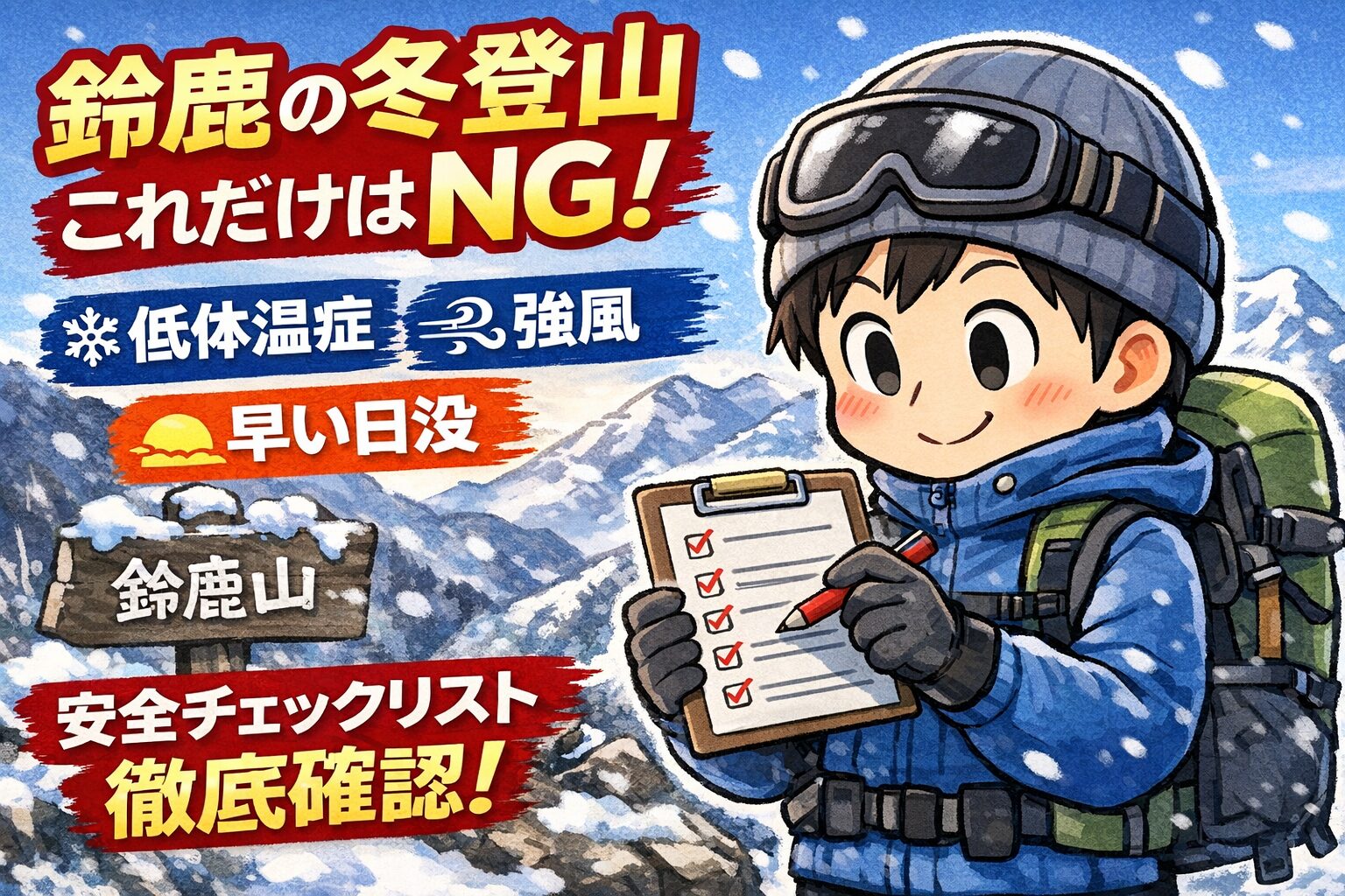 鈴鹿の冬山で装備チェックをする登山者（とるくキャラ）のアイキャッチイラスト