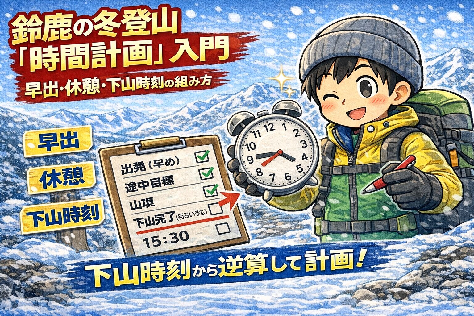 鈴鹿の冬山を背景に、とるくキャラが時計と計画表で下山時刻を逆算しているアイキャッチイラスト