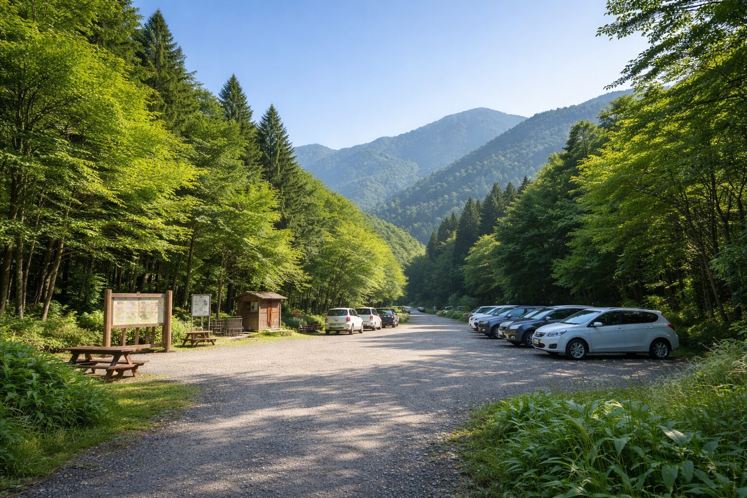 山道の入り口と駐車場