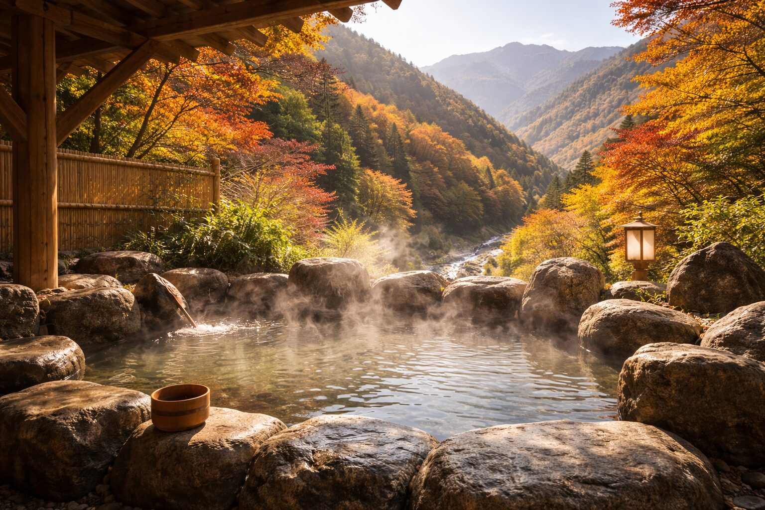 秋の露天風呂と山景色
