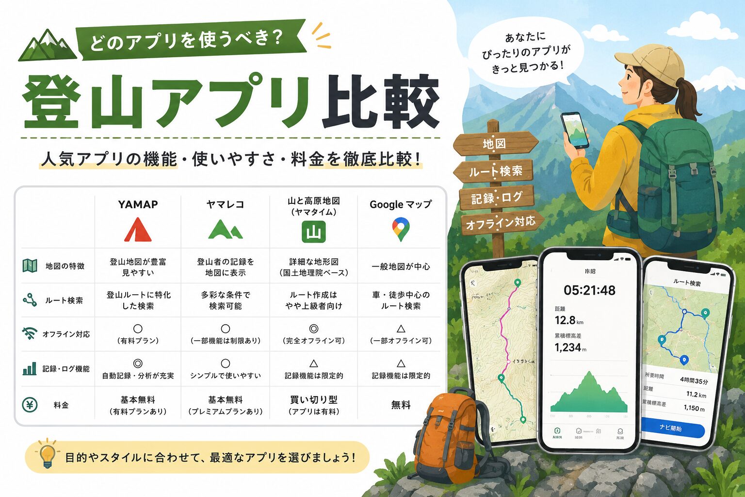 YAMAP・ヤマレコ・ヤマタイム・Googleマップの登山アプリ比較