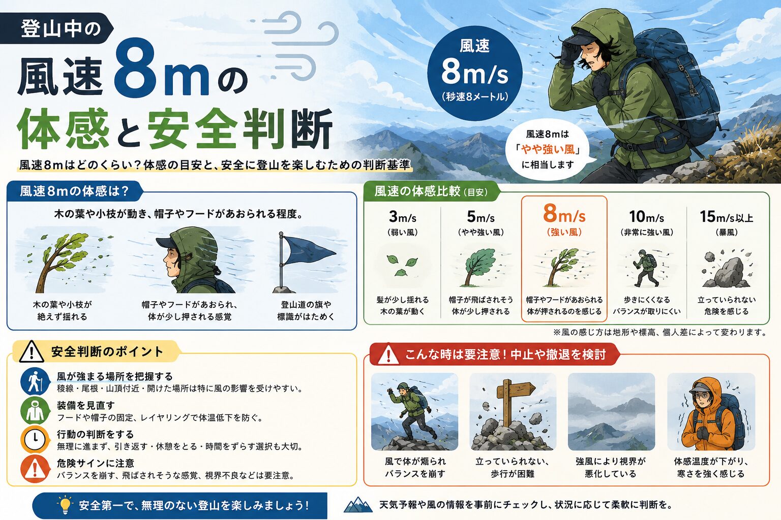 風速8mの中を歩く登山者の体感