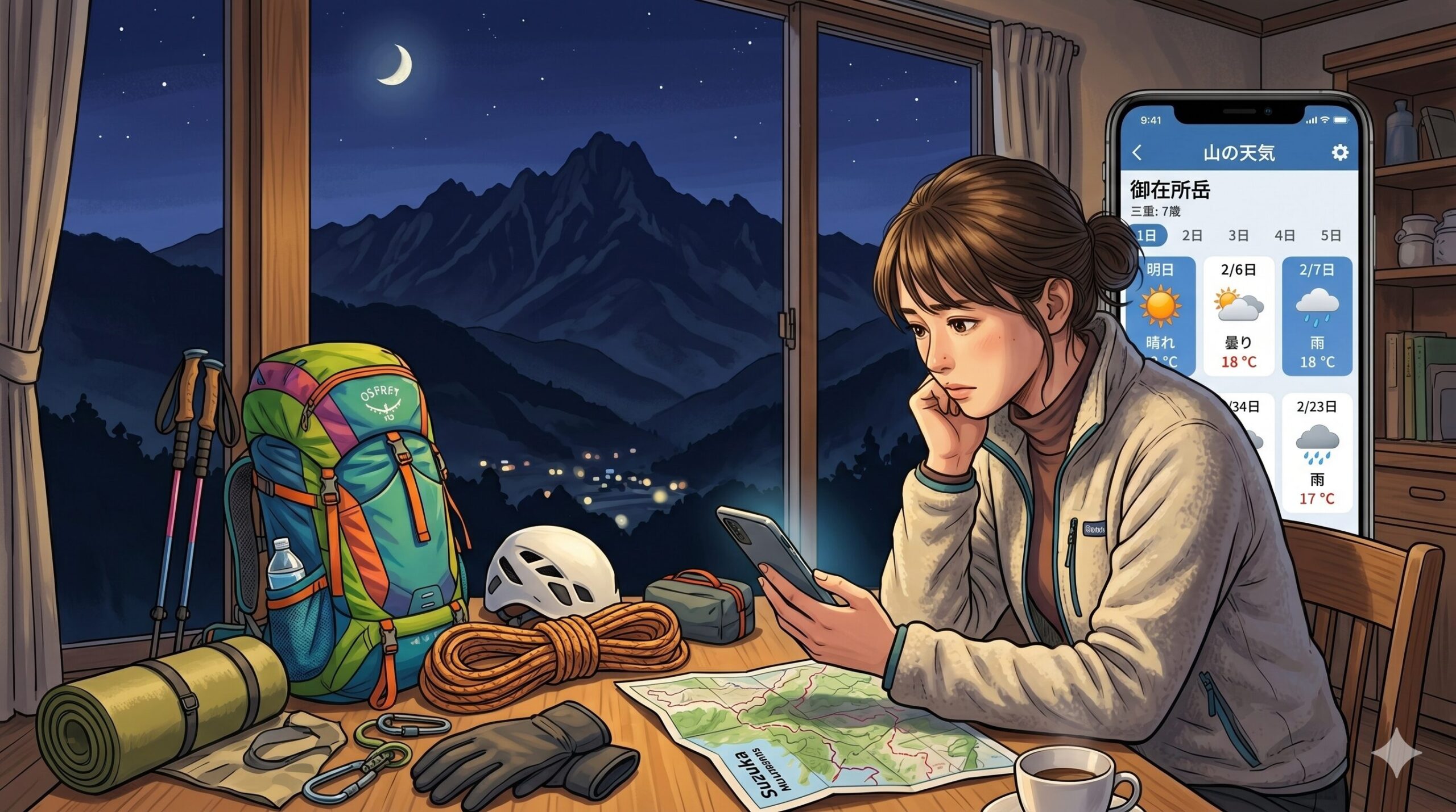 登山前夜に天気アプリで御在所岳の予報を確認している様子