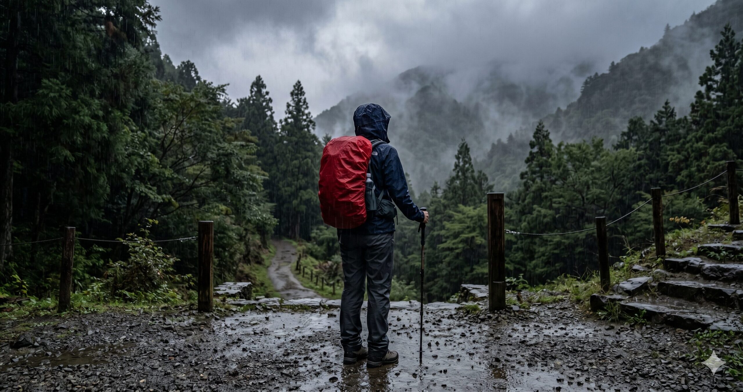 雨の中、登山口で登山を中止するか迷っている登山者