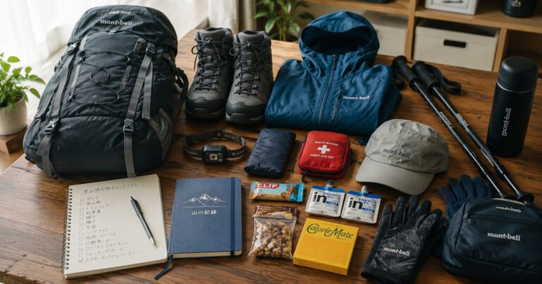 ザック・登山靴・雨具・ライトなどを並べた、登山前のパッキングのイメージ画像