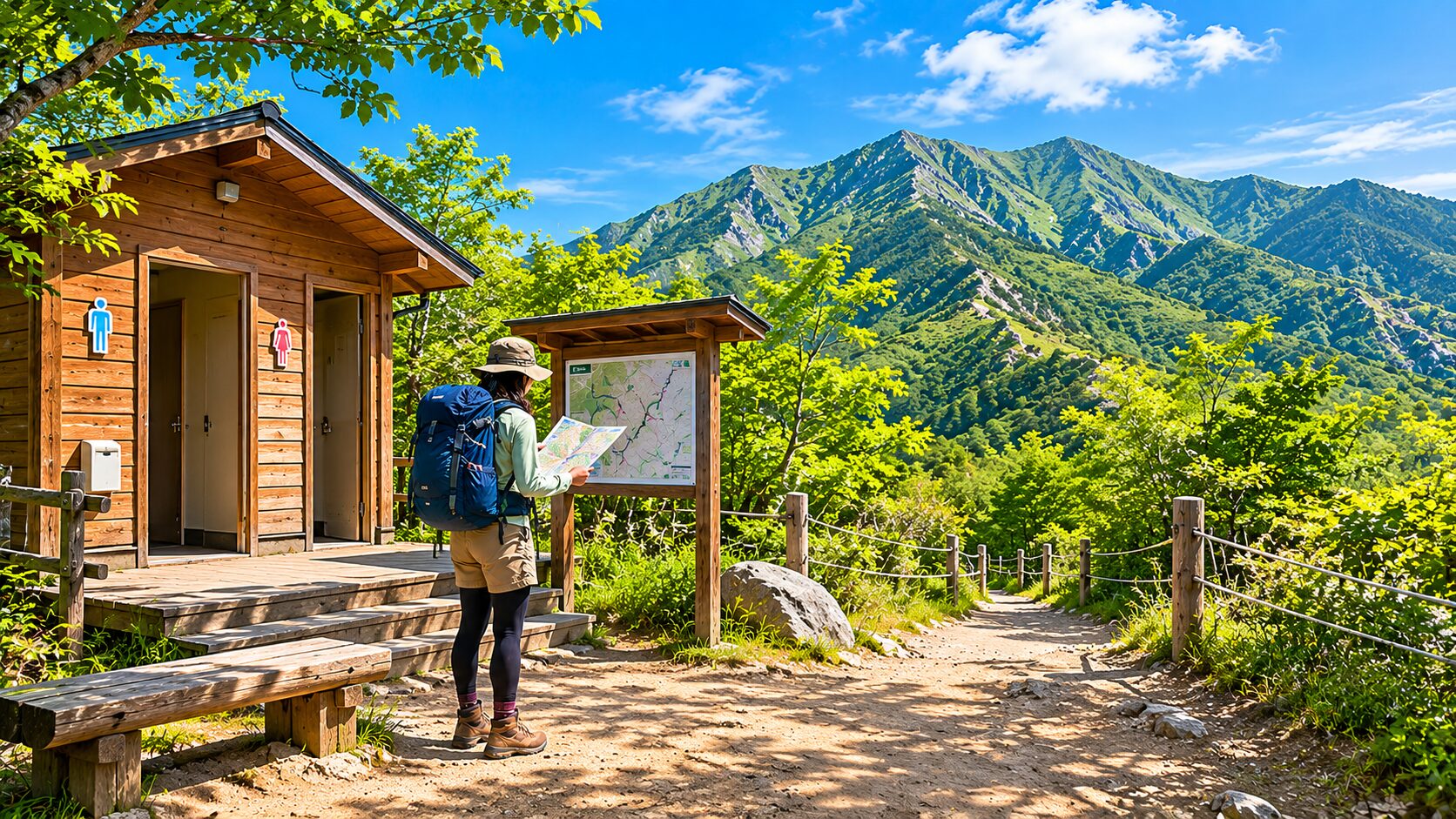 登山口のトイレ小屋と地図を確認する登山者