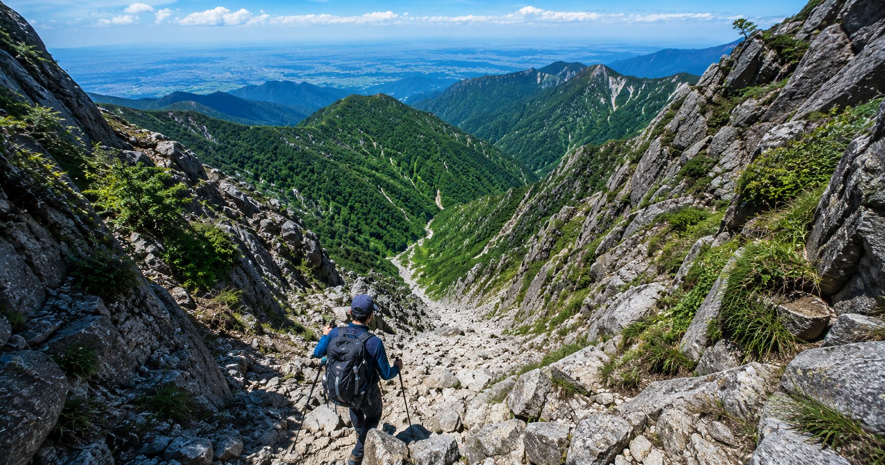 V字状のガレ場・キレットを下る登山者のシーン