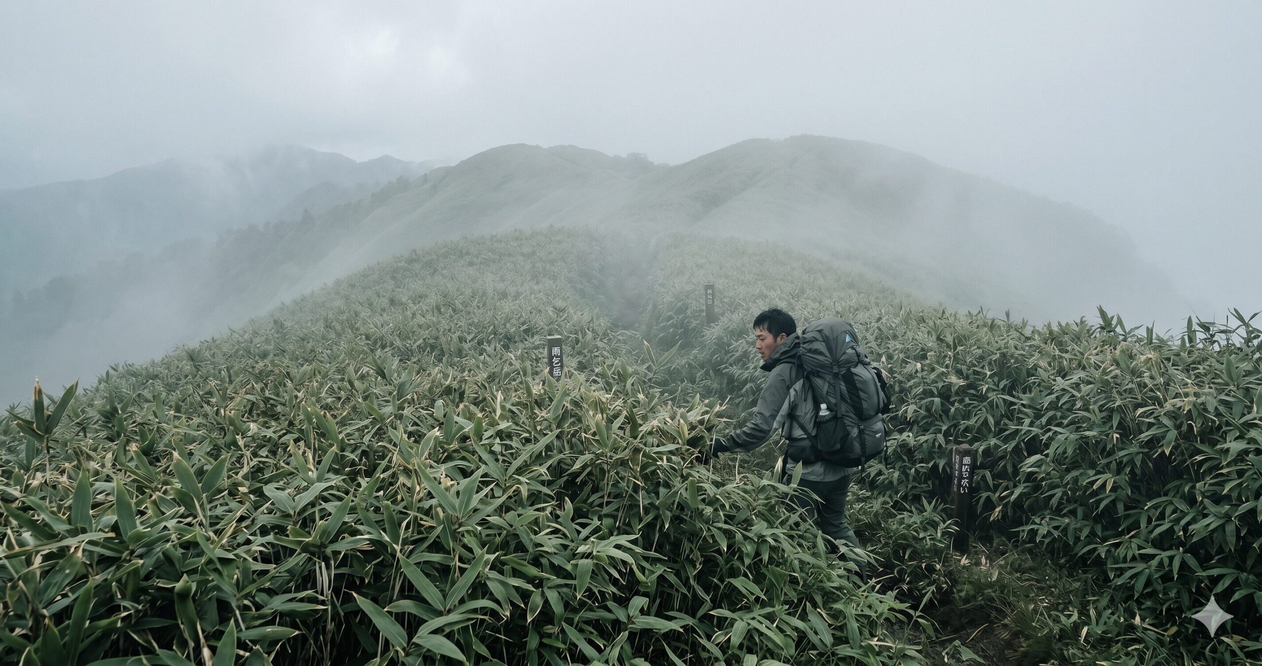 背丈ほどある笹藪の中を歩く登山者