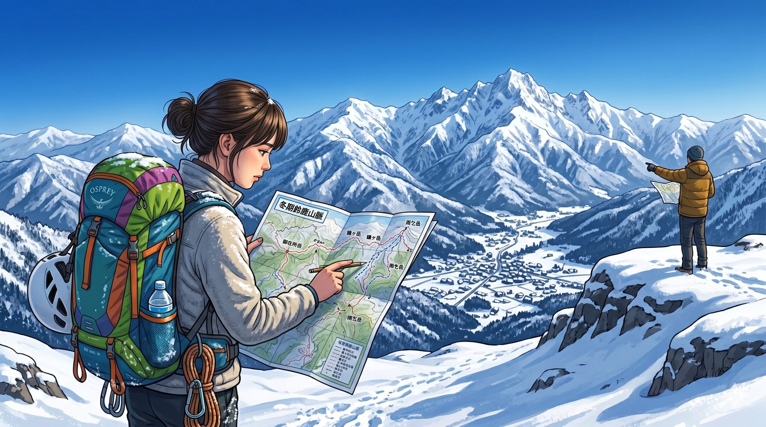 冬の雪山で地図を確認しルートを指さす登山者