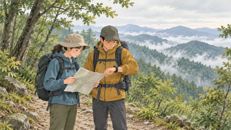 登山道で立ち止まり、地図と時計を確認する二人の登山者（ChatGPT生成イラスト）