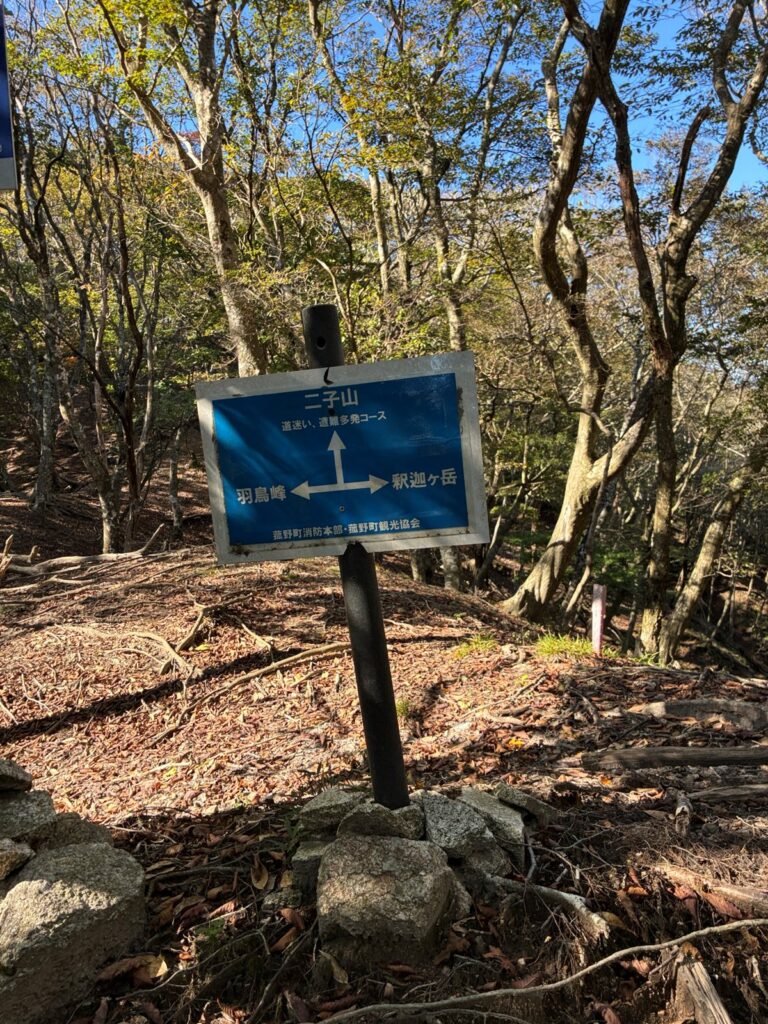 二子山の分岐の標識(道迷い、遭難多発コース)